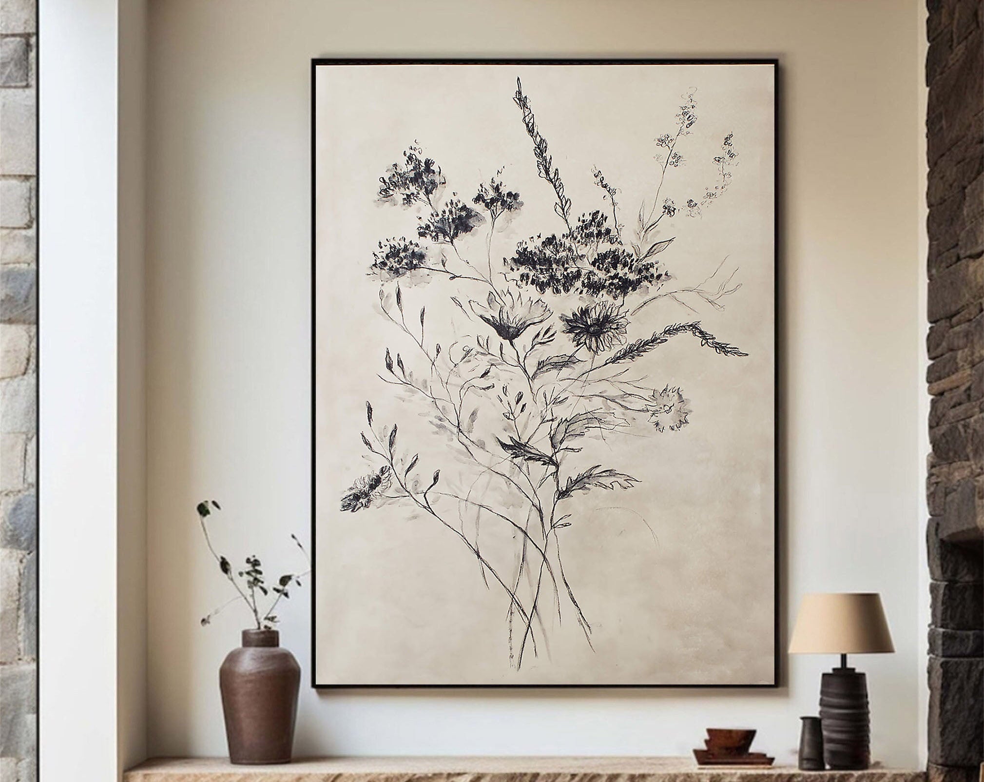 Minimalist Floral Black & White Canvas Art #FT 060
