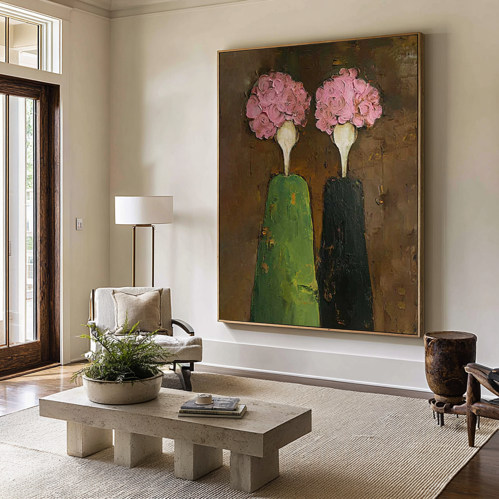 Abstract Figurative Painting with Pink Florals