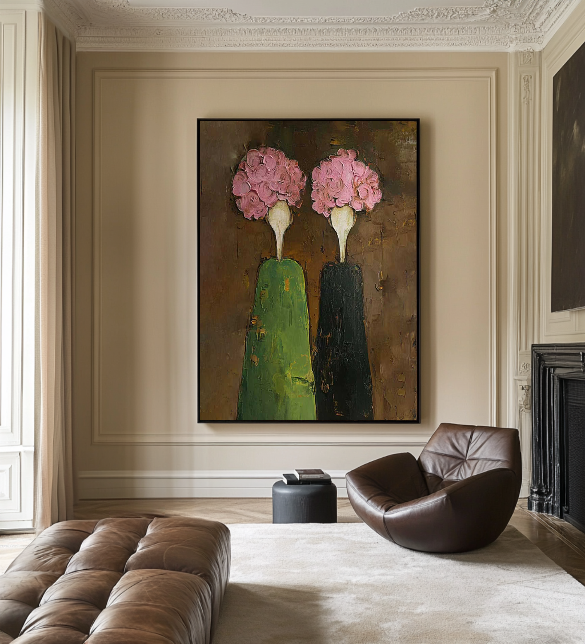 Abstract Figurative Painting with Pink Florals