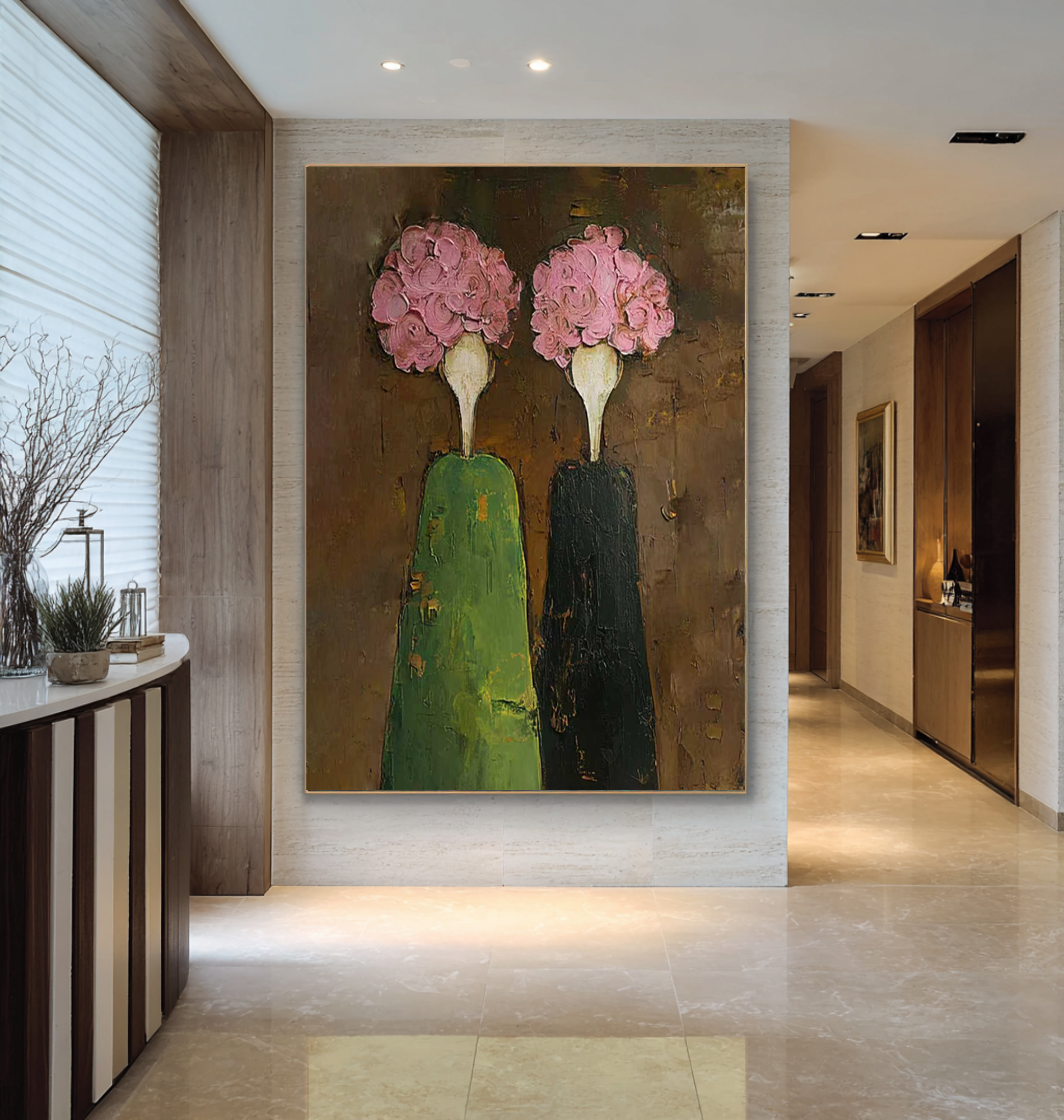 Abstract Figurative Painting with Pink Florals