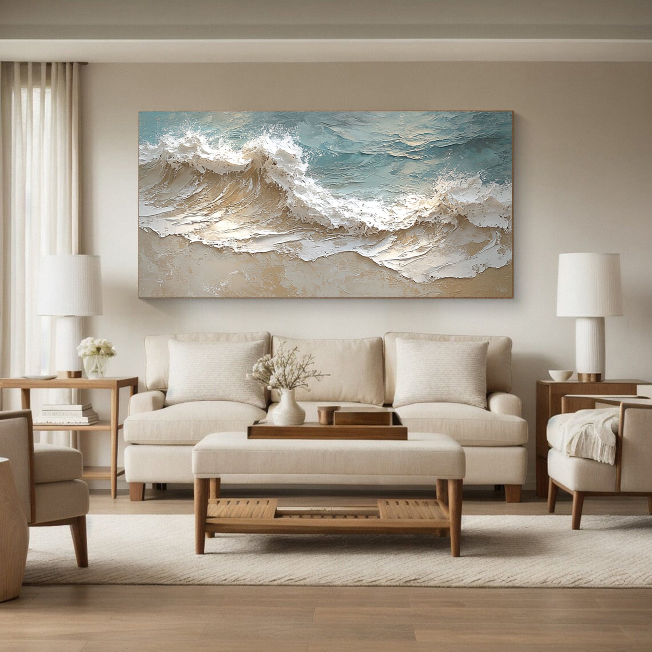 Modern 3D Ocean Wave Canvas Gold Frame Art #AG 039